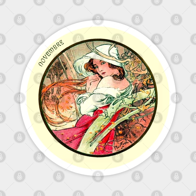 Art Nouveau November Calendar Alphonse Mucha Magnet by JoolyA